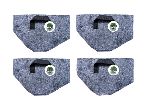 Set of four 3-gallon reusable fabric grow bags in gray felt, arranged in a 2x2 grid, each with reinforced handles and Rooted Intellect logo tag.