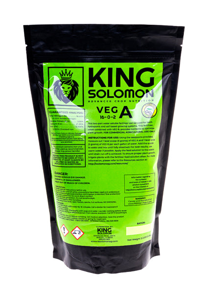 King Solomon Nutrients Veg A stand-up pouch with green label on a black resealable bag, part of the Rooted Intellect Plant Nutrition Kit.