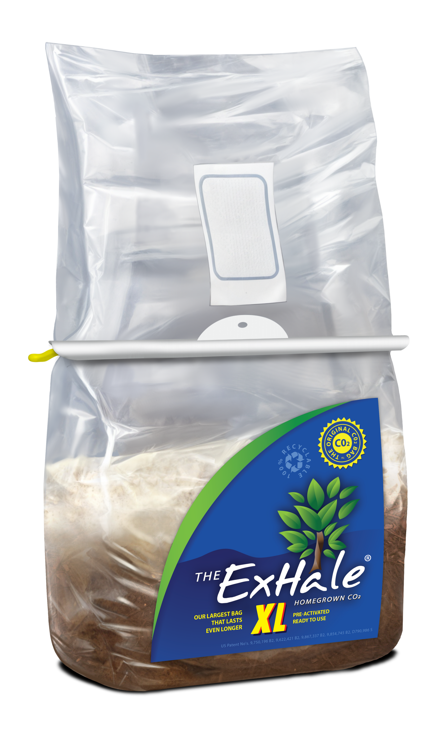 ExHale XL CO2 Bag product photo showing an oversized sealed bag with blue and yellow 'ExHale XL' label, containing mycelium substrate and hanging from a white bar for large grow spaces.