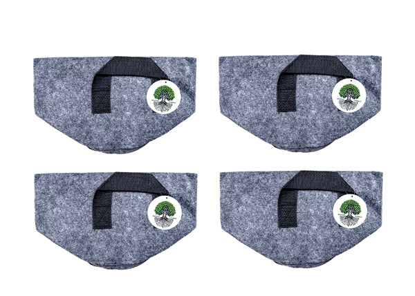 Set of four 1-gallon reusable fabric grow bags in gray felt, arranged in a 2x2 grid, each with reinforced handles and a Rooted Intellect logo tag.