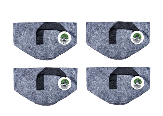Set of four 1-gallon reusable fabric grow bags in gray felt, arranged in a 2x2 grid, each with reinforced handles and a Rooted Intellect logo tag.