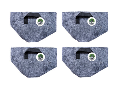 Set of four 3-gallon reusable fabric grow bags in gray felt, arranged in a 2x2 grid, each with reinforced handles and Rooted Intellect logo tag.