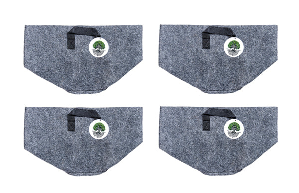 Set of four 5-gallon reusable fabric grow bags in gray felt arranged in a 2x2 grid, each with reinforced handles and Rooted Intellect logo tag.
