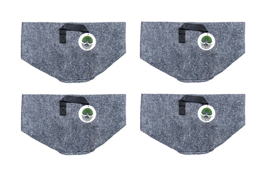 Set of four 5-gallon reusable fabric grow bags in gray felt arranged in a 2x2 grid, each with reinforced handles and Rooted Intellect logo tag.