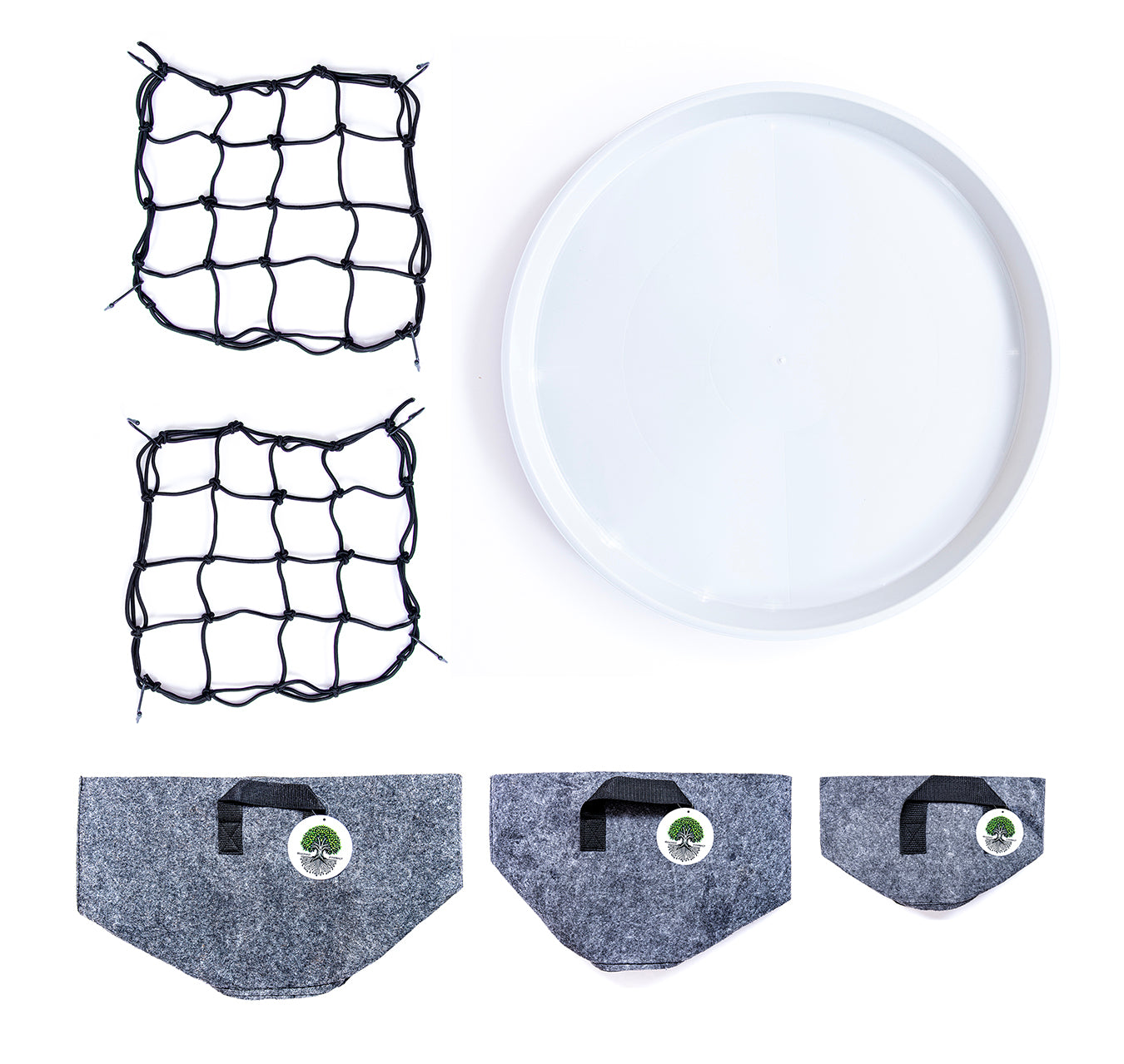 Bloom Carousel kit components: three fabric pots, trellis nets, and water retention tray displayed separately
