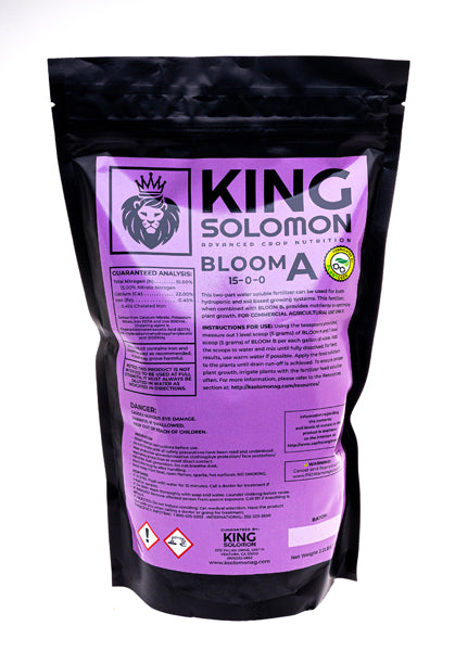 King Solomon Nutrients Bloom A stand-up pouch with purple label on a black resealable bag, part of the Rooted Intellect Plant Nutrition Kit.