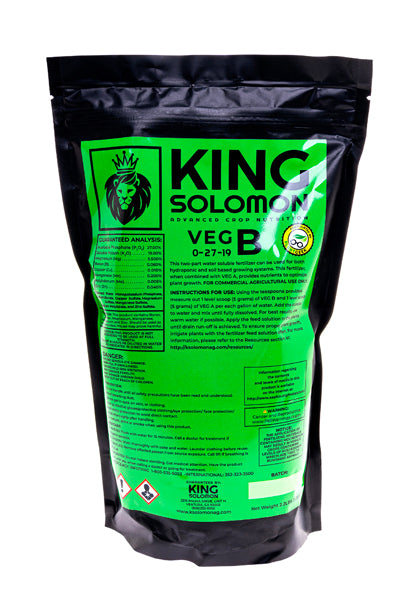 King Solomon Nutrients Veg B stand-up pouch with bright green label on a black resealable bag, part of the Rooted Intellect Plant Nutrition Kit.