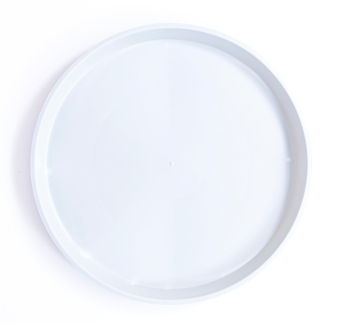 Top view of round white gardening tray with raised rim, 22-inch diameter, durable plastic for indoor gardening and water collection.