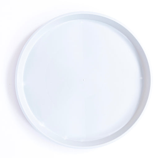 Top view of round white gardening tray with raised rim, 22-inch diameter, durable plastic for indoor gardening and water collection.
